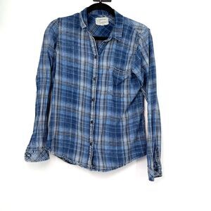 Current/Elliott Women's 2 S Plaid Button-Down Long Sleeve Shirt Blue Classic